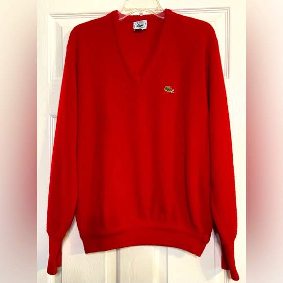 Vtg 80s Izod Lacoste Red V-Neck Acrylic Sweater Crocodile Alligator Logo USA L - Picture 1 of 3